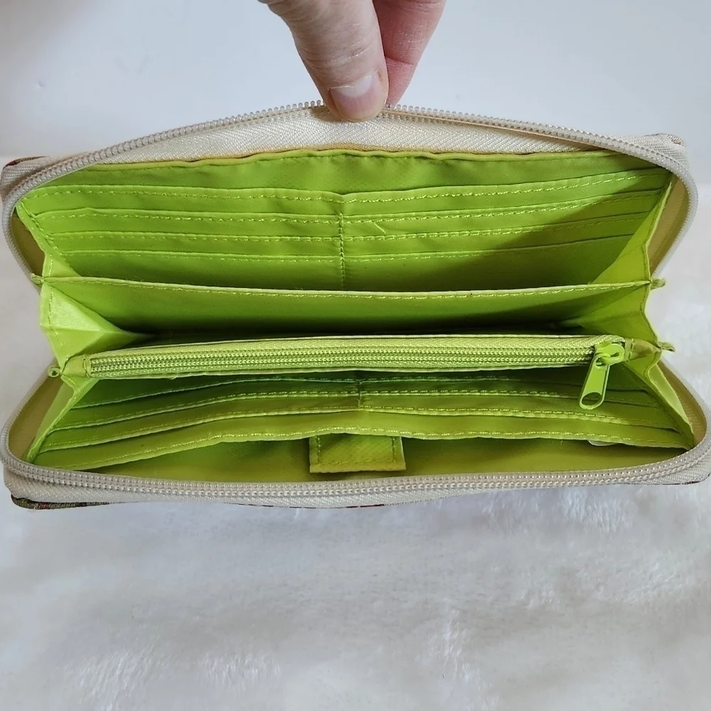 Lily Bloom Forest Owl Fox Porcupine Tan Green Zip Around Wallet